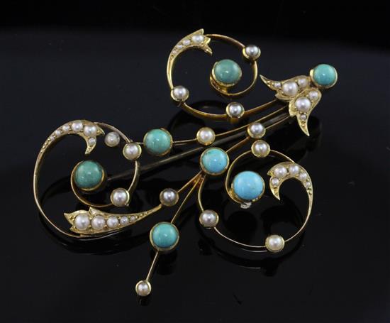 A gold, turquoise and seed pearl set brooch, 2.25in.